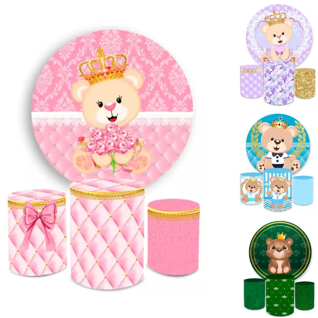 Kit Festa Decoração Painel Redondo + Trio Capa Cilindros Ursinho Realeza Menino Menina