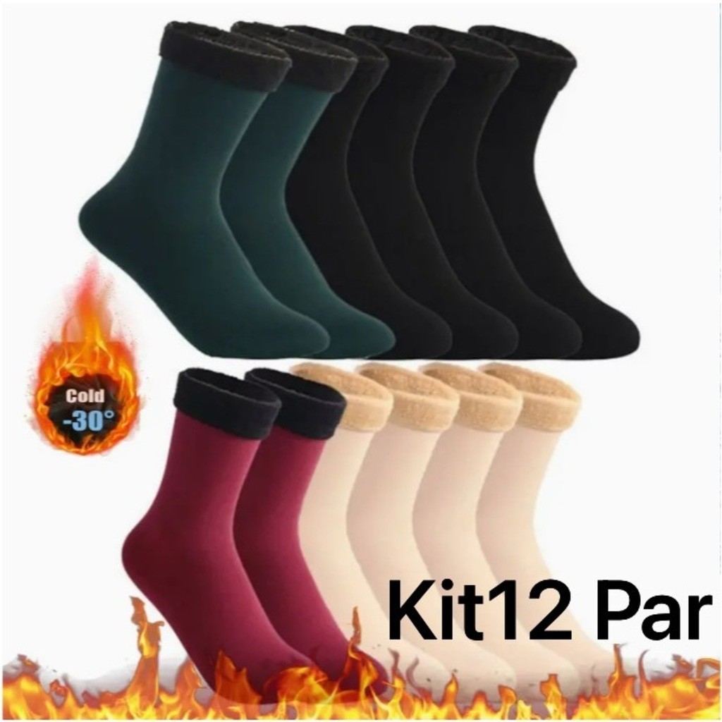 Kit 3.6.12 Pares de Meia Térmica Feminina Forrada de Inverno Vária cores