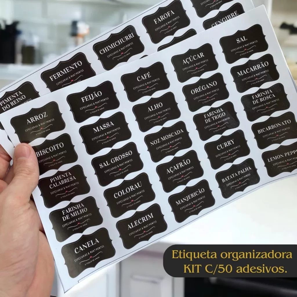 50 Etiquetas Pretas para Potes de Condimentos Temperos Mantimentos 5x3cm