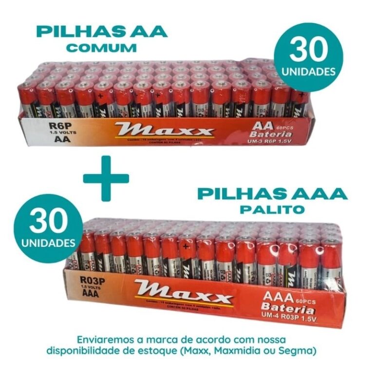 Super Kit de Pilhas 60 un 1,5v 30 pilhas AA + 30 p