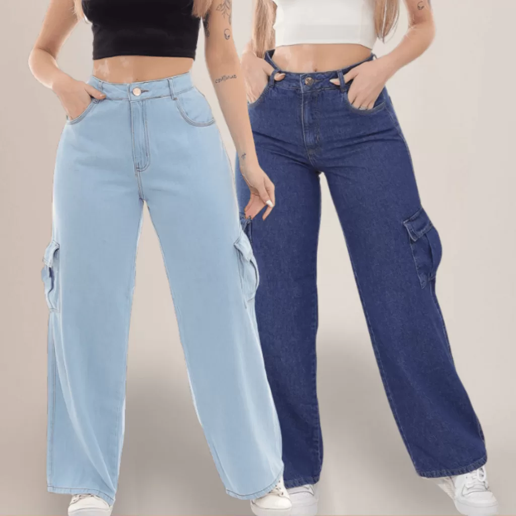 Kit 2 Calça Jeans Cargo Bolsos Laterais + 5 Cores – Jeans Premium
