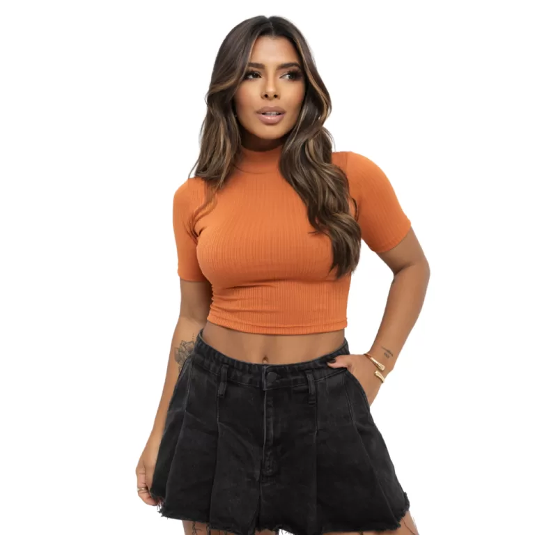 Cropped Feminino Manga Curta Tecido Canelado com G