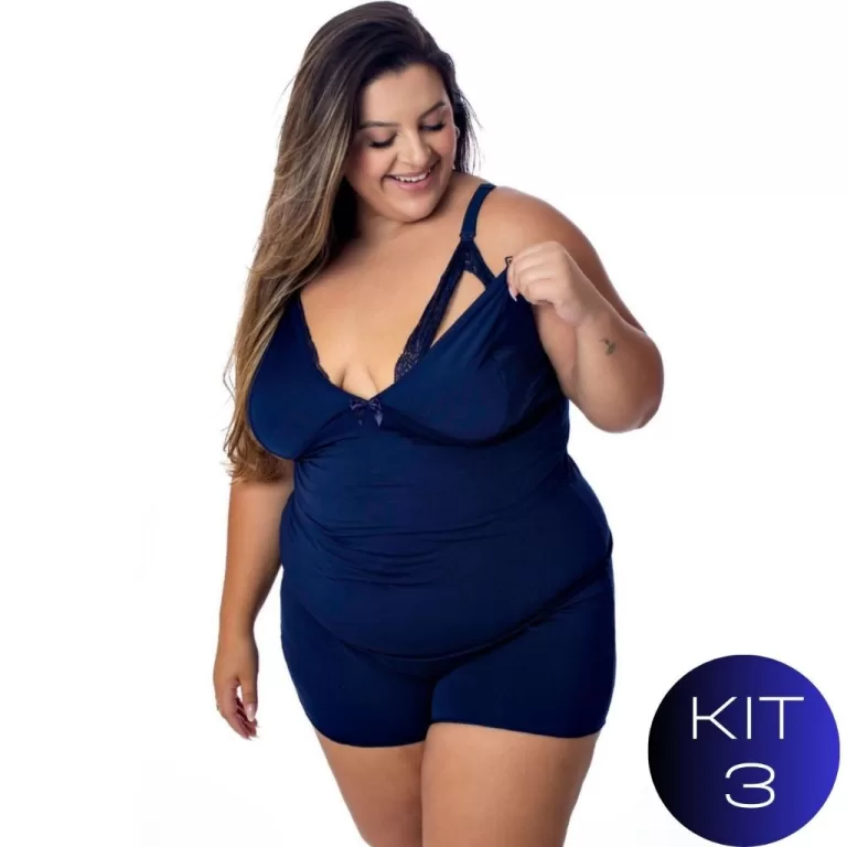 Kit 3 Baby Doll Amamentação Renda Plus Size Pija