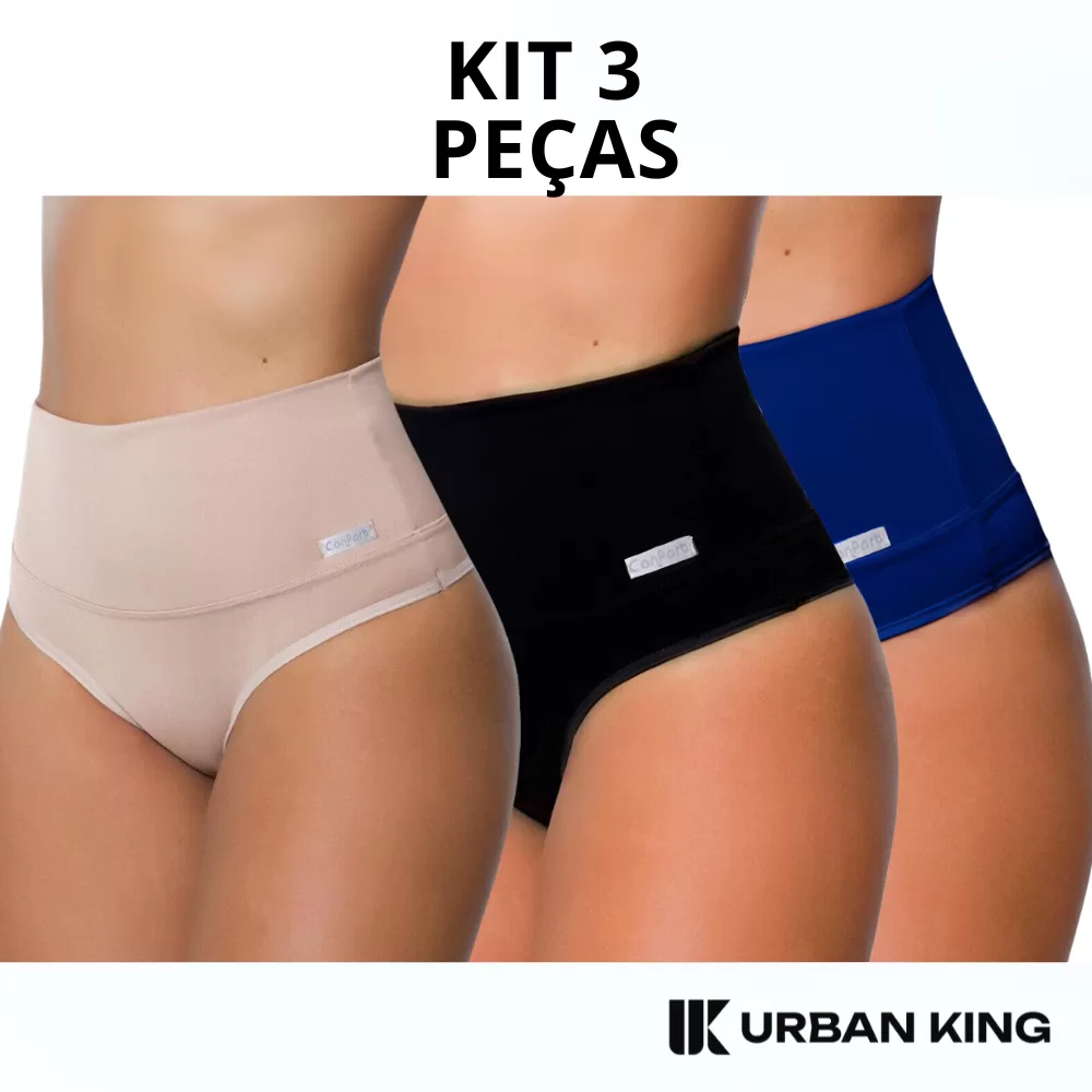 Kit 3 Calcinha Cinta Modeladora Cós Alto Compreensão Seca Barriga Redutora De Medidas