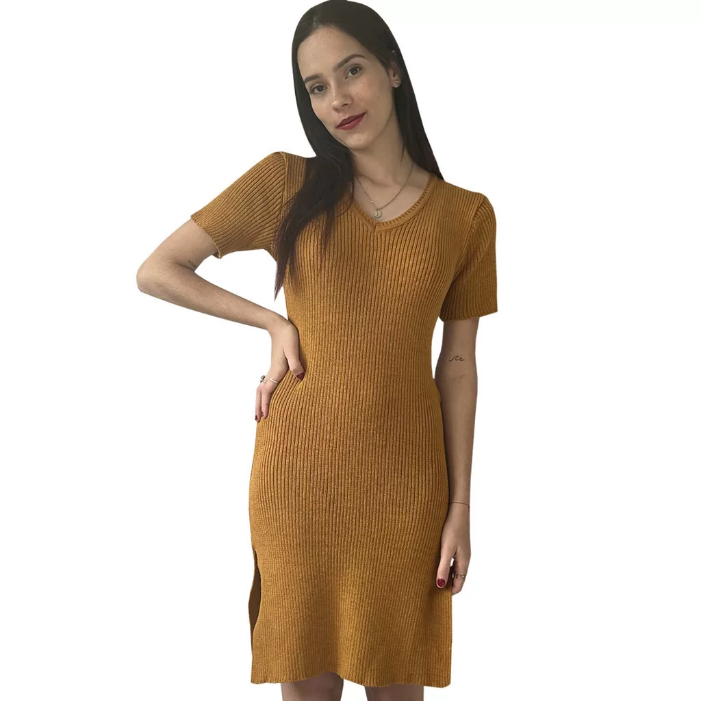 Vestido Tubinho Midi Tricot Gola V Feminino Verão Justo Com Fenda do Lado