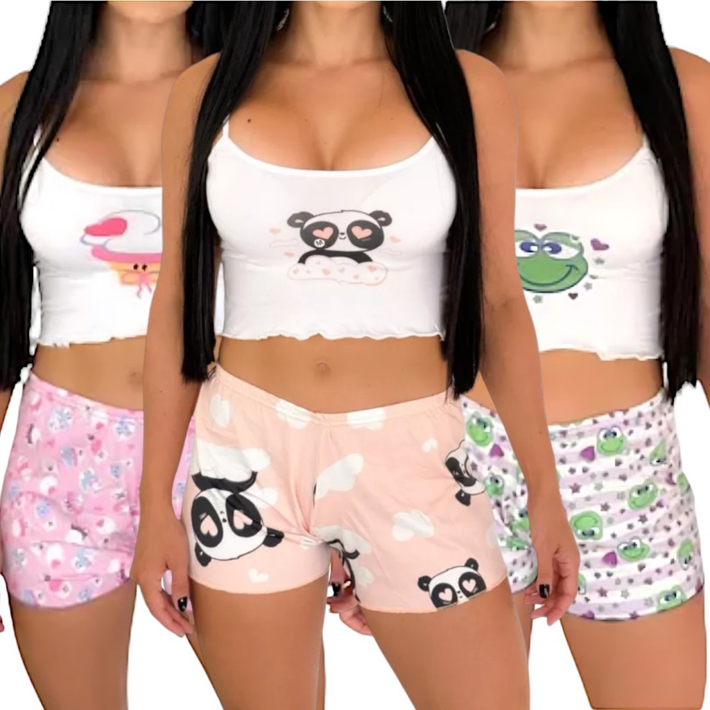Kit 3 Baby Doll Curto Feminino Pijama Cropped Verão Confortável Leve