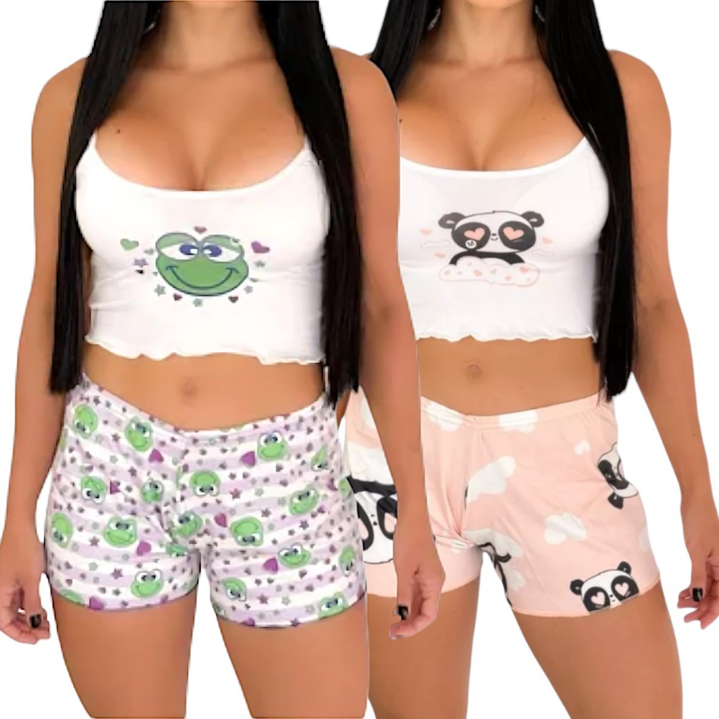 Kit 2 ou 1 Baby Doll Pijama Curto Estampado Cropped Blogueira Confortável Verão