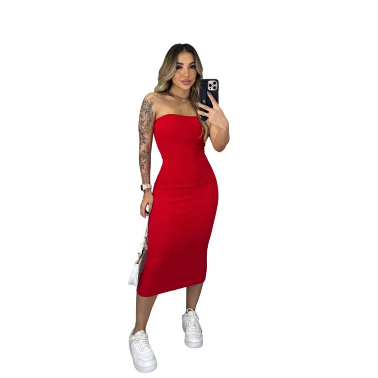 Vestido Canelado Tubinho Tomara Que Caia Midi