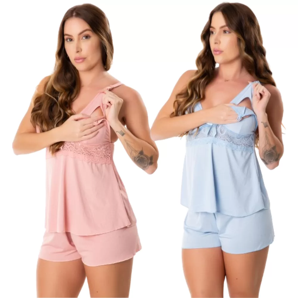 Kit 2 Baby Doll Amamentação Click Abre Fácil Maternidade Pós Parto Para Pijama Para Amamentar