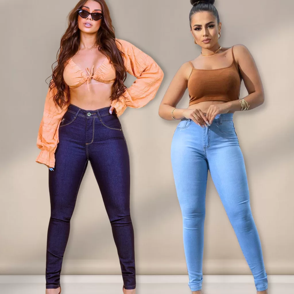 Kit 2 Calça Jeans Feminina Skinny Cintura Alta Com Elastano