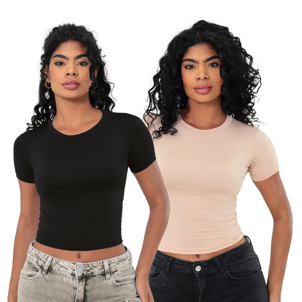 KIT 2: Baby Tee Feminina – Blusa Slim Fit Manga Curta