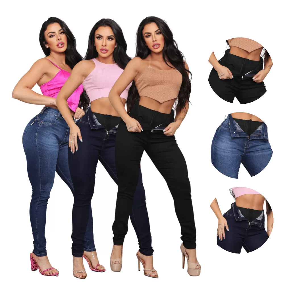 Calça Cinta Modeladora Jeans Cintura Alta Super Lipo Reduz Barriga Empina Bumbum