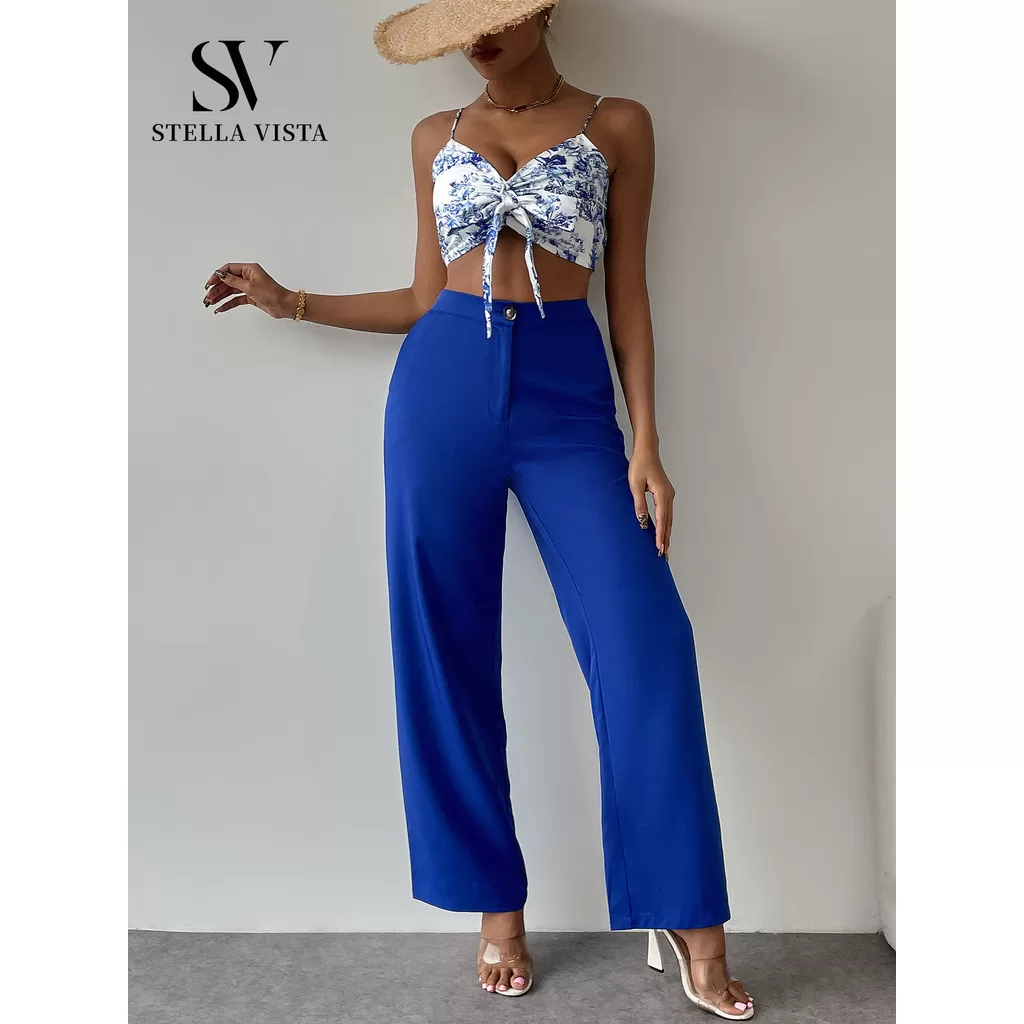 SV  Conjunto social feminino, blusa estampada + calça pantalona de alfaiataria.