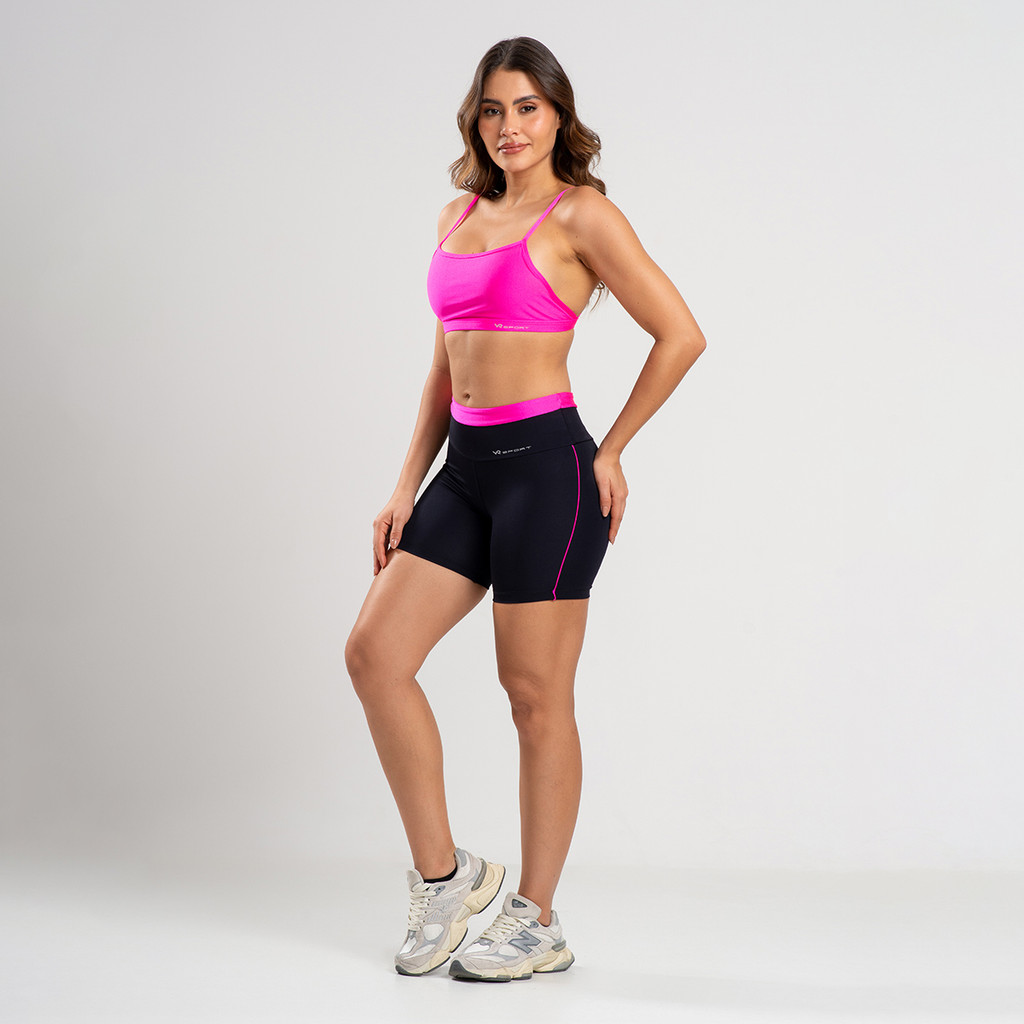 Conjunto Fitness Short com detalhe em Vivo Rosa e Top Rosa Frente Unica