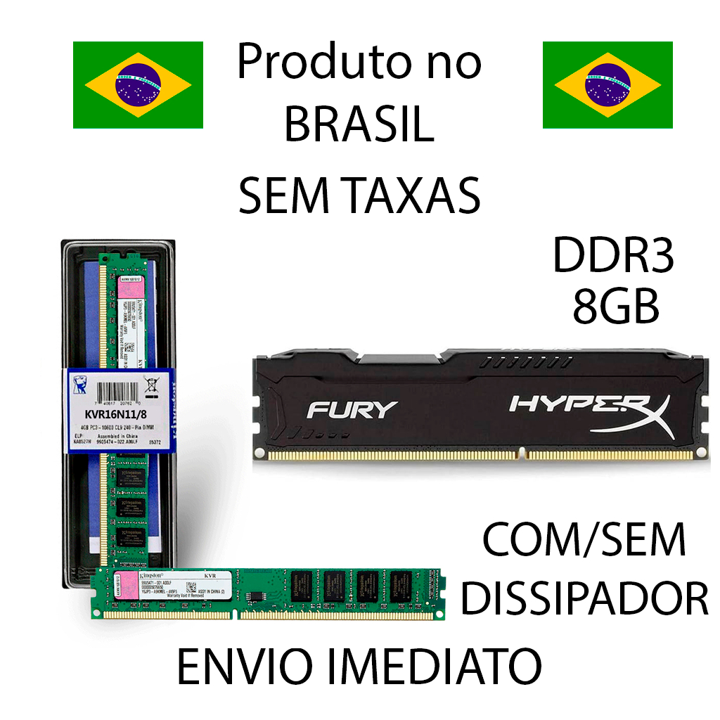 Memória Kingston PC DDR3 8GB COM/SEM DISSIPADOR, 1600MHz,- No Brasil, Sem TAXAS