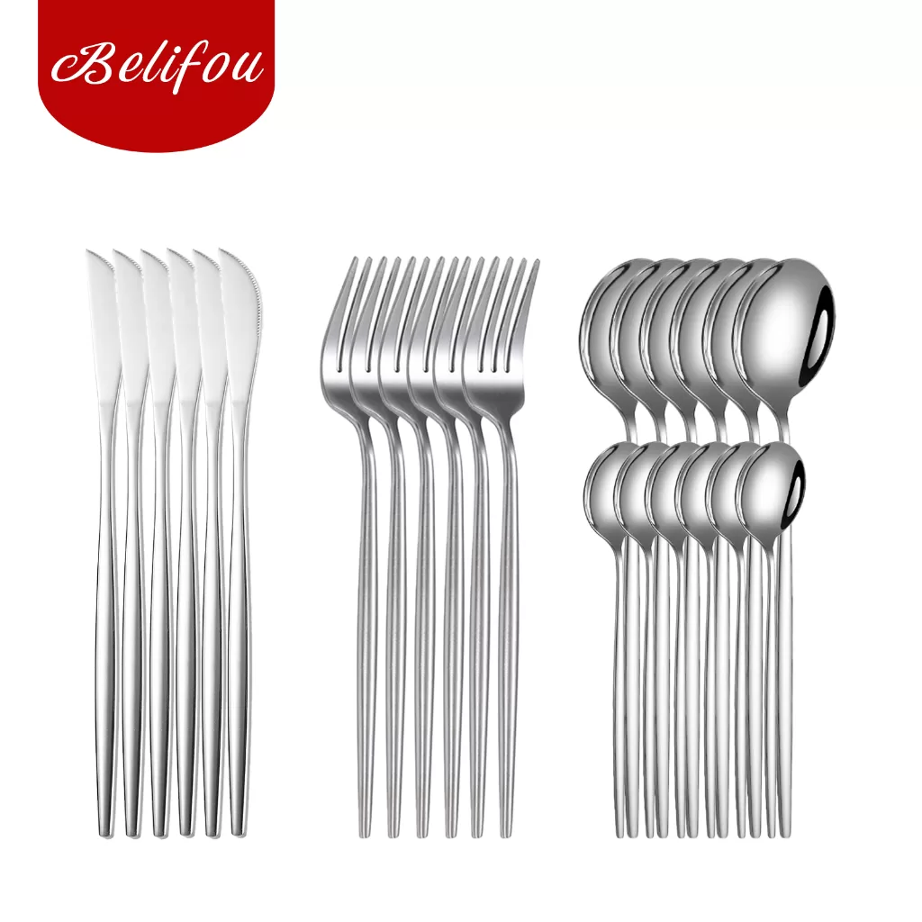 Belifou Kit 24 Jogo De Talheres Aço Inoxidável 416 Prata Louça Dourada