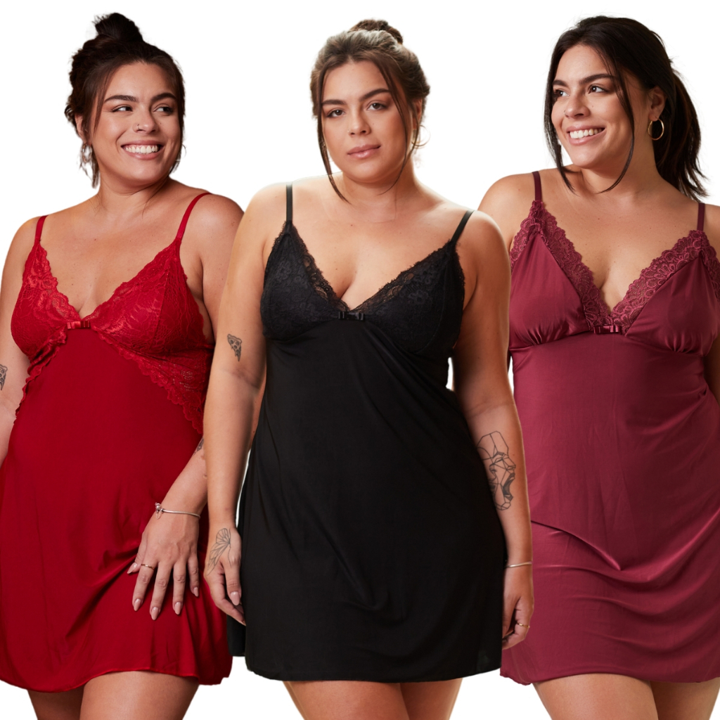 Kit Camisolas Plus Size Variadas Lisas Renda Confortável Alça Metal Pijama de Dormir Camisola