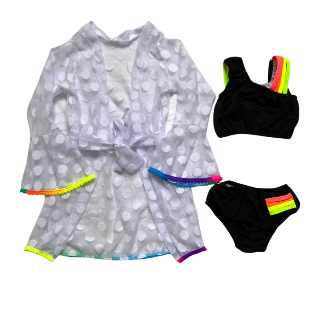 Conjunto Infantil Saída de Praia + Biquíni Listra Neon  Moda Praia e Piscina