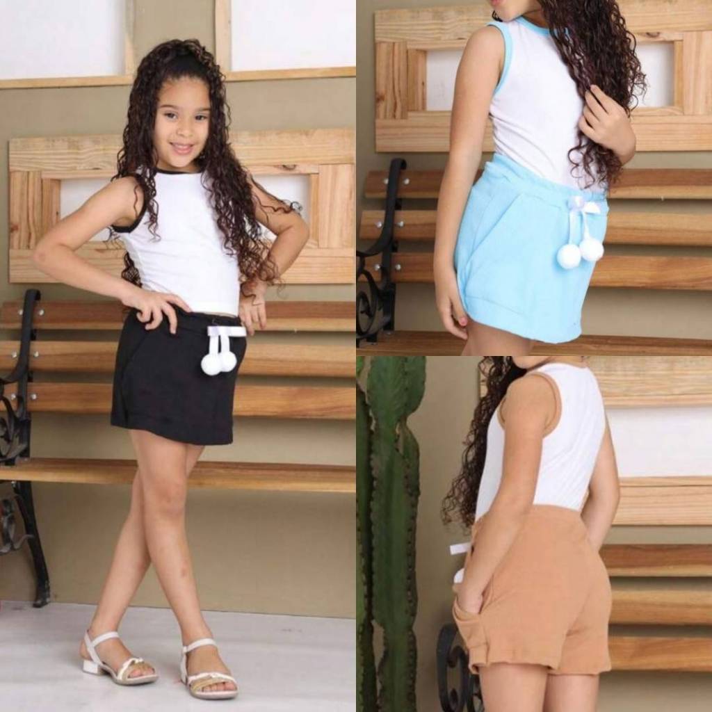 Conjunto Infantil Cropeed Shorts Saia Canelado Tendencia Fashion Verão Bloguerinha Fim de Ano Natal