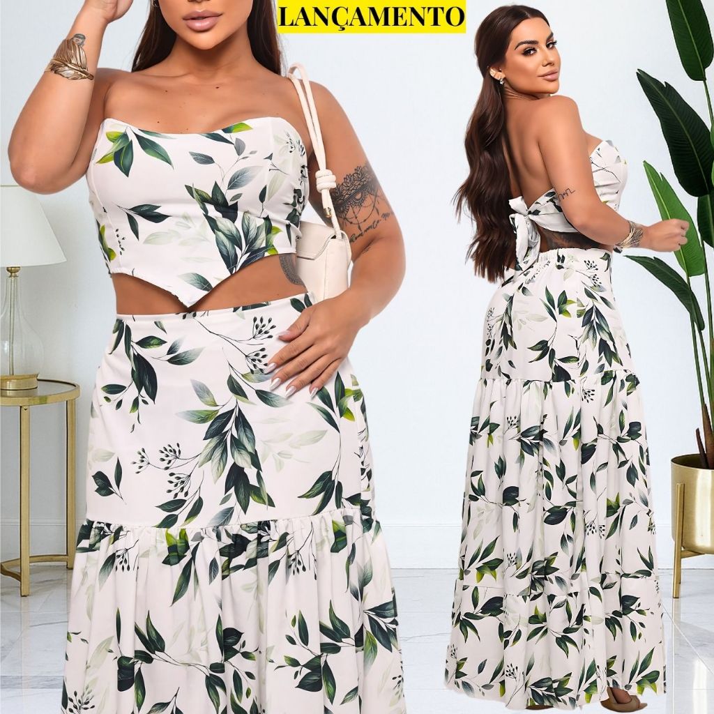 Conjunto Feminino Estampado cropped Tomara que Caia Saia Longa Rodada Godê Festa Casual VERÃO