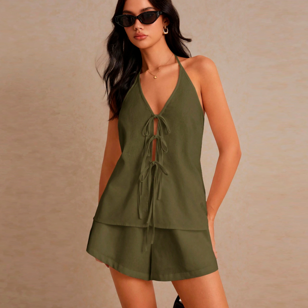 Conjunto Feminino Carnaval Bloquinho Festa de Short+Blusa Frente Unica Regata Amarração Decote Verão