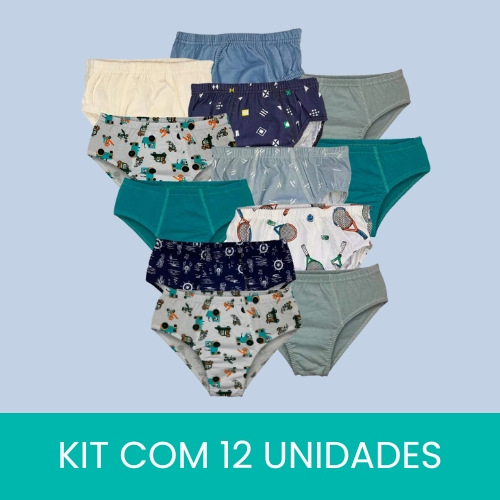 Kit 12 Cuecas Infantil Slip Algodão Tampinha Sort