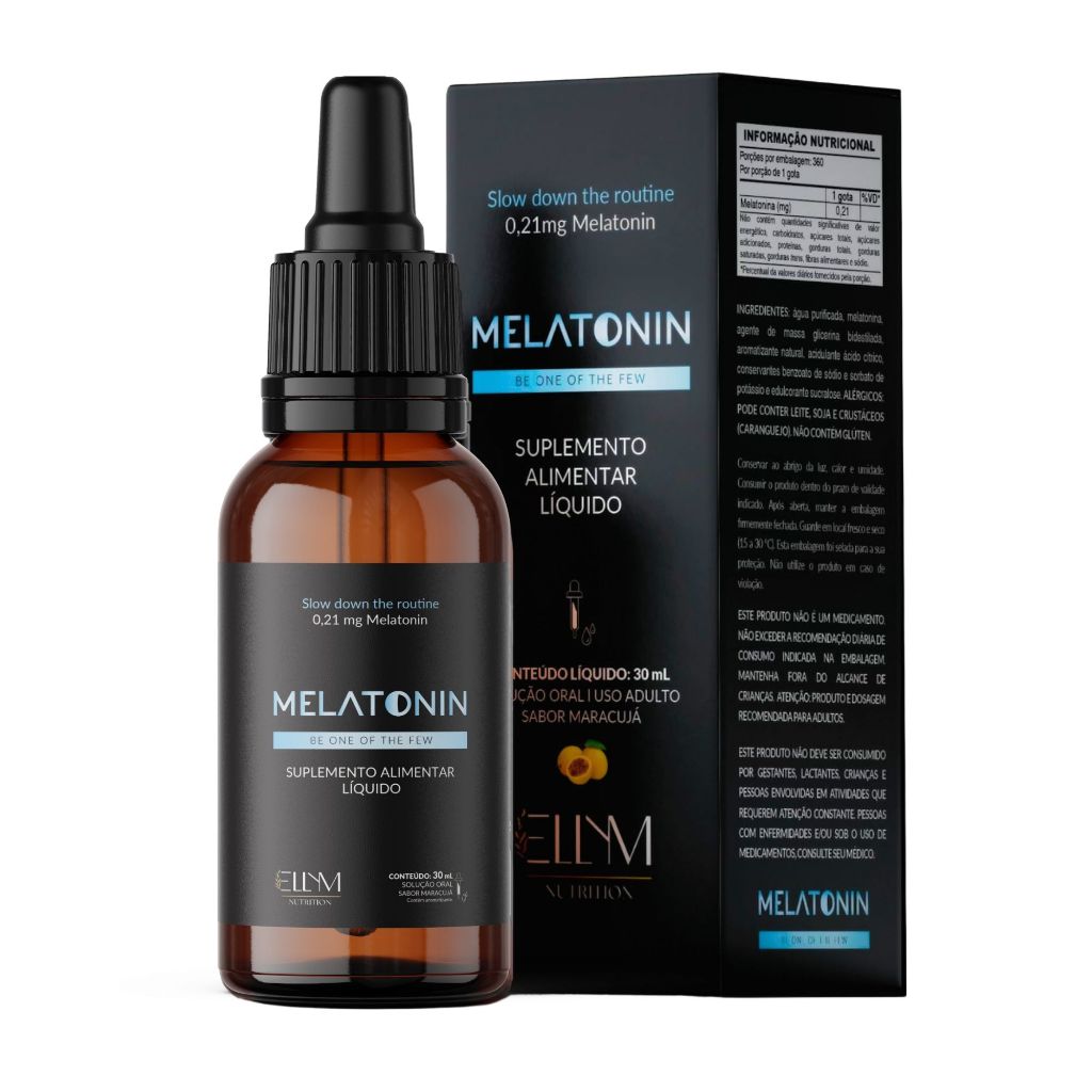Melatonina em Gotas Sublingual 0,21mg ELLYM NUTRITION 30ml Sabor Maracujá Suplemento Dormir