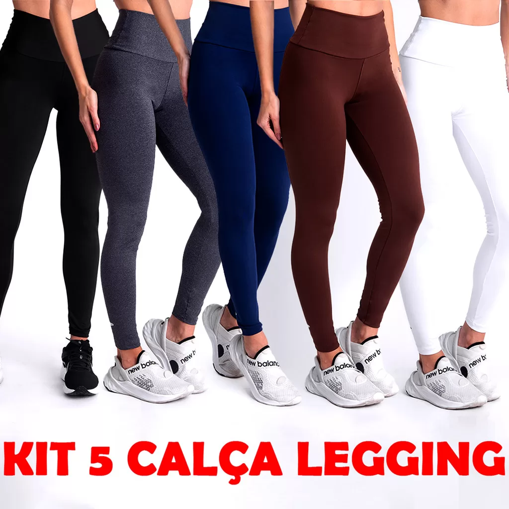 Kit 5 Calça Legging Feminina Cintura Alta Grossa Suplex Zero Transparência Fitness