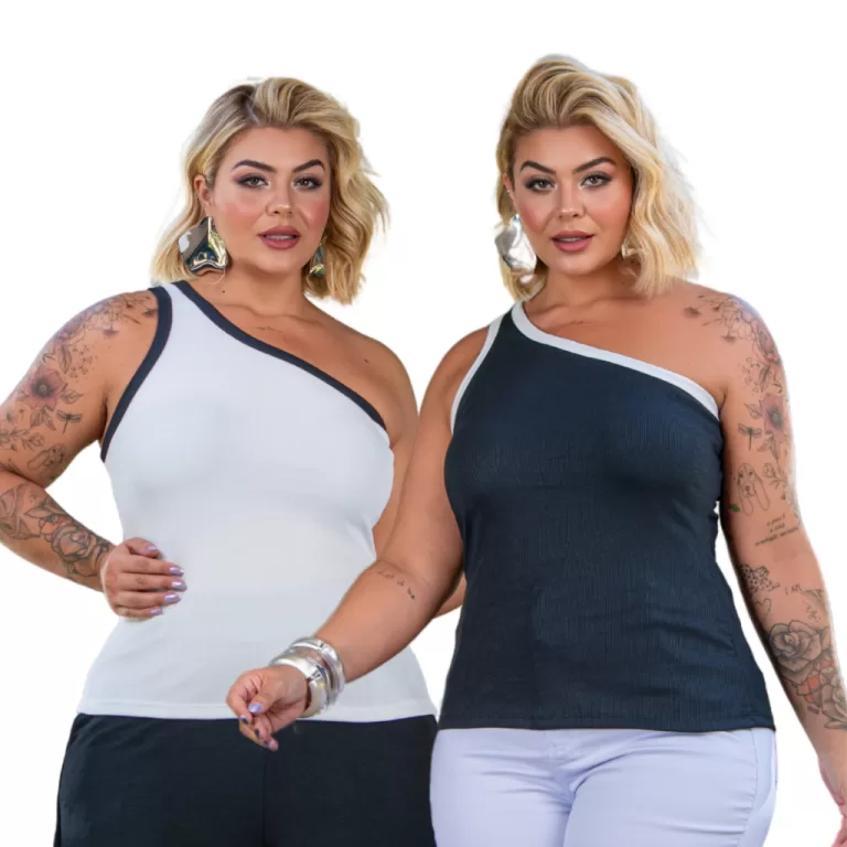Kit 2 Blusas Feminina Plus Size Um Ombro Só Bicol