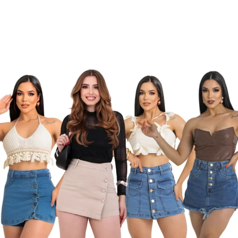 Short Saia Jeans Cargo Feminina Cintura Alta Levan
