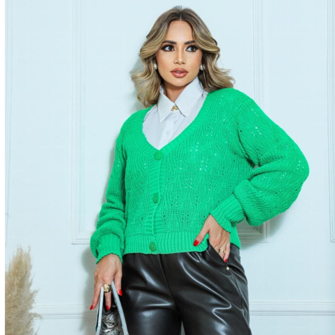 Casaco feminino tricot manga longa com botões com