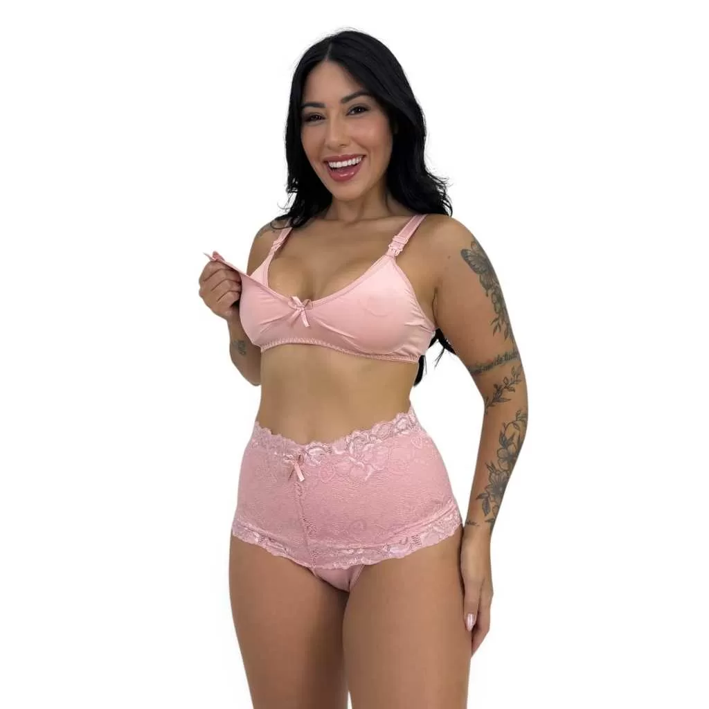 Conjunto Maternidade Sutiã Amamentação Microfibra Fecho Click Calcinha Pós Parto Cotton Renda