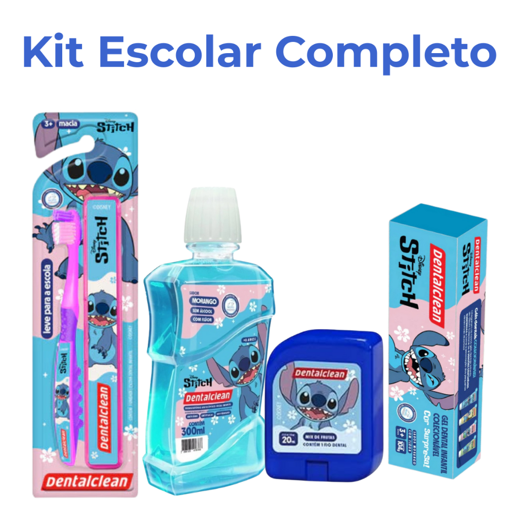 Kit Escolar Infantil Fio Dental Escova Rosa Enxaguante e Gel Dental Cores Sortidas Colecionáveis Sti