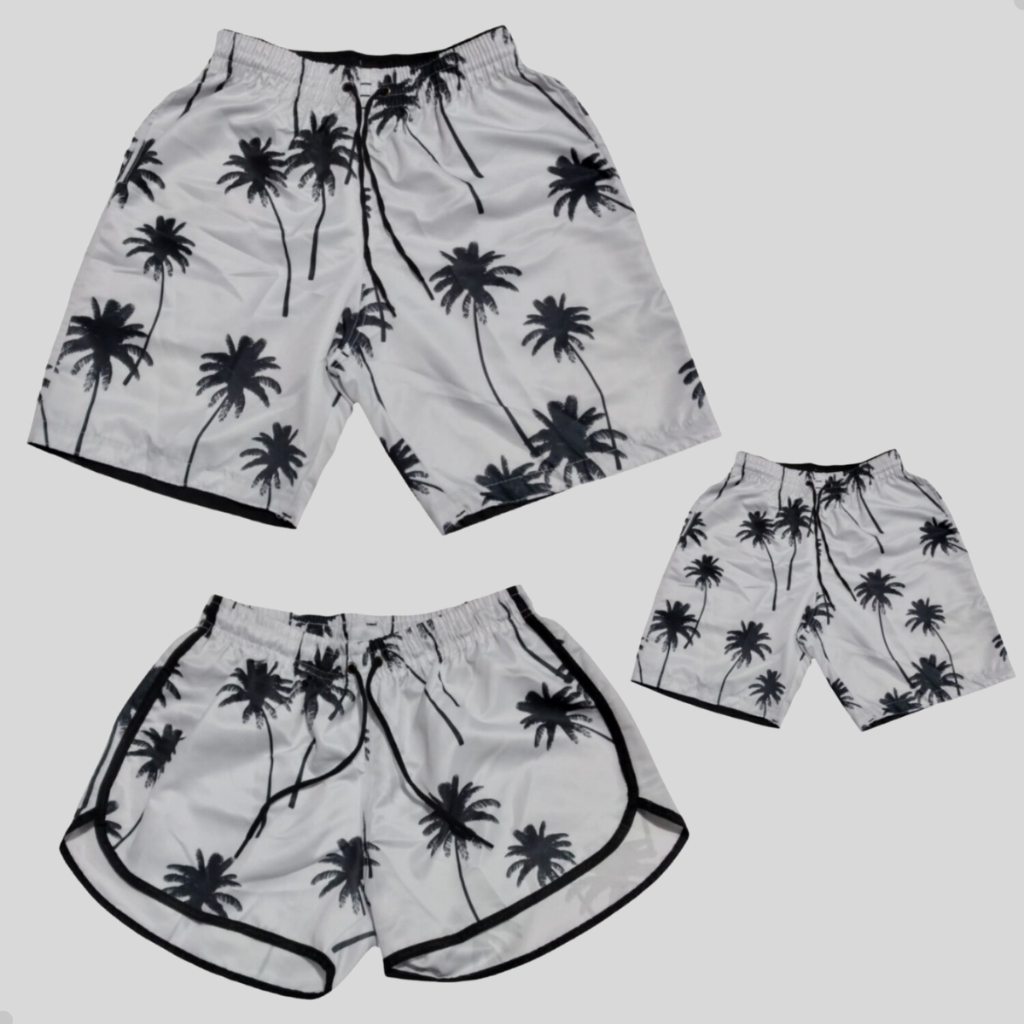 Conjunto Familia 3 Peças Shorts Casal Pai Mae Filho Moda Praia