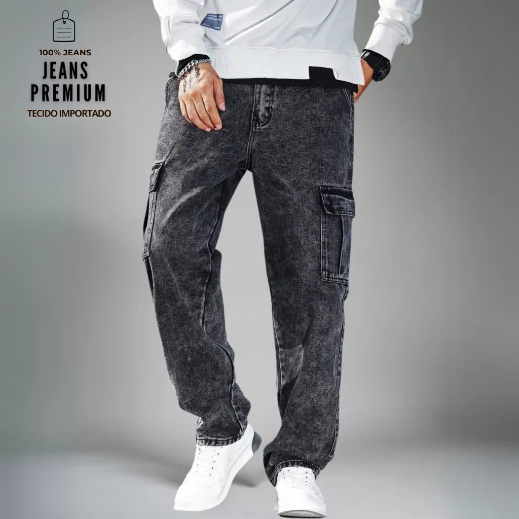 Calça Jeans Cargo Masculina Streetwear Preta Mescla Cinza Grafite 34 Ao 44