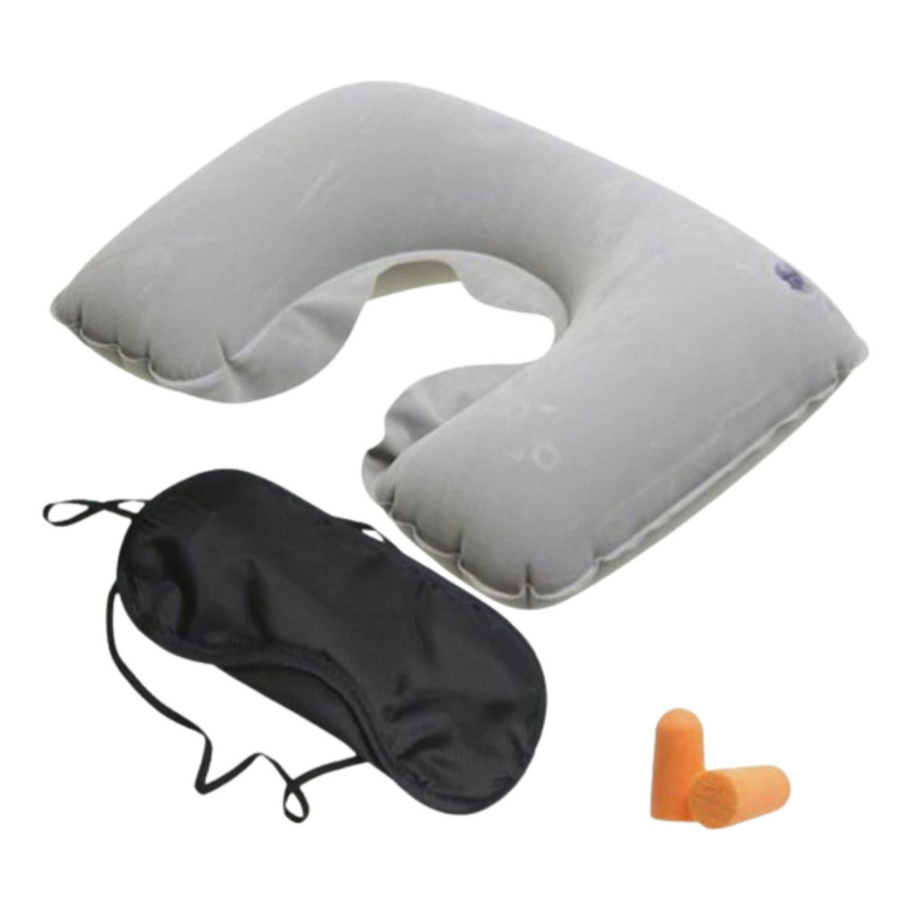 Kit Viagem 3 Peças Almofada de Pescoço Inflável + Tapa Olho + Protetor de Ouvido
