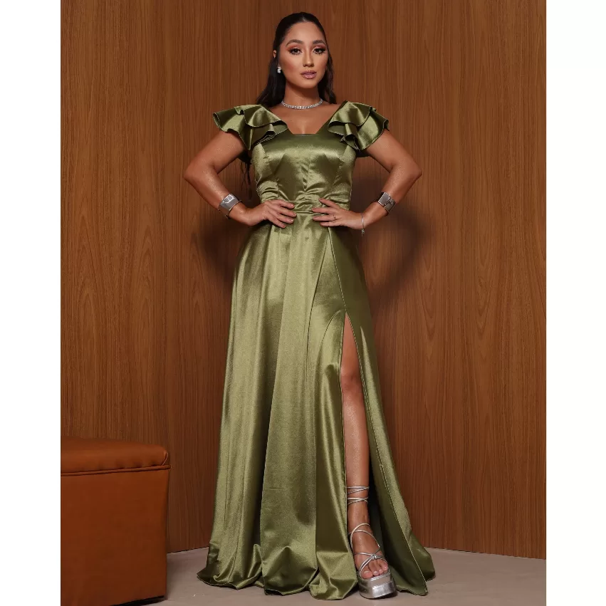 Vestido Feminino De Festa Longo Com Manga Alfaiataria Formatura Casamento