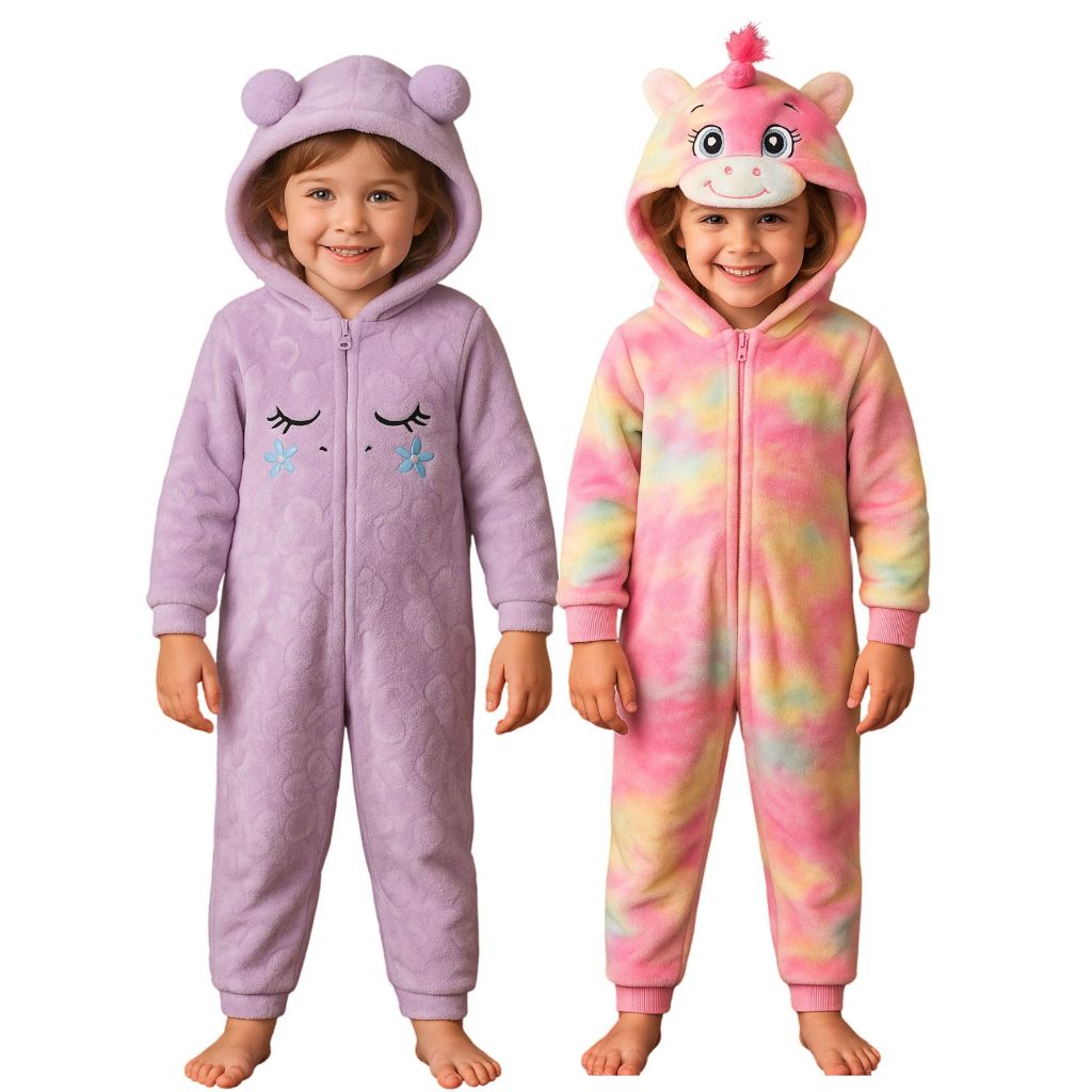 Pijama Macacão Infantil Feminino em Fleece Temático Unicórnio ,Dinossauro, Panda, Urso Super Quentin