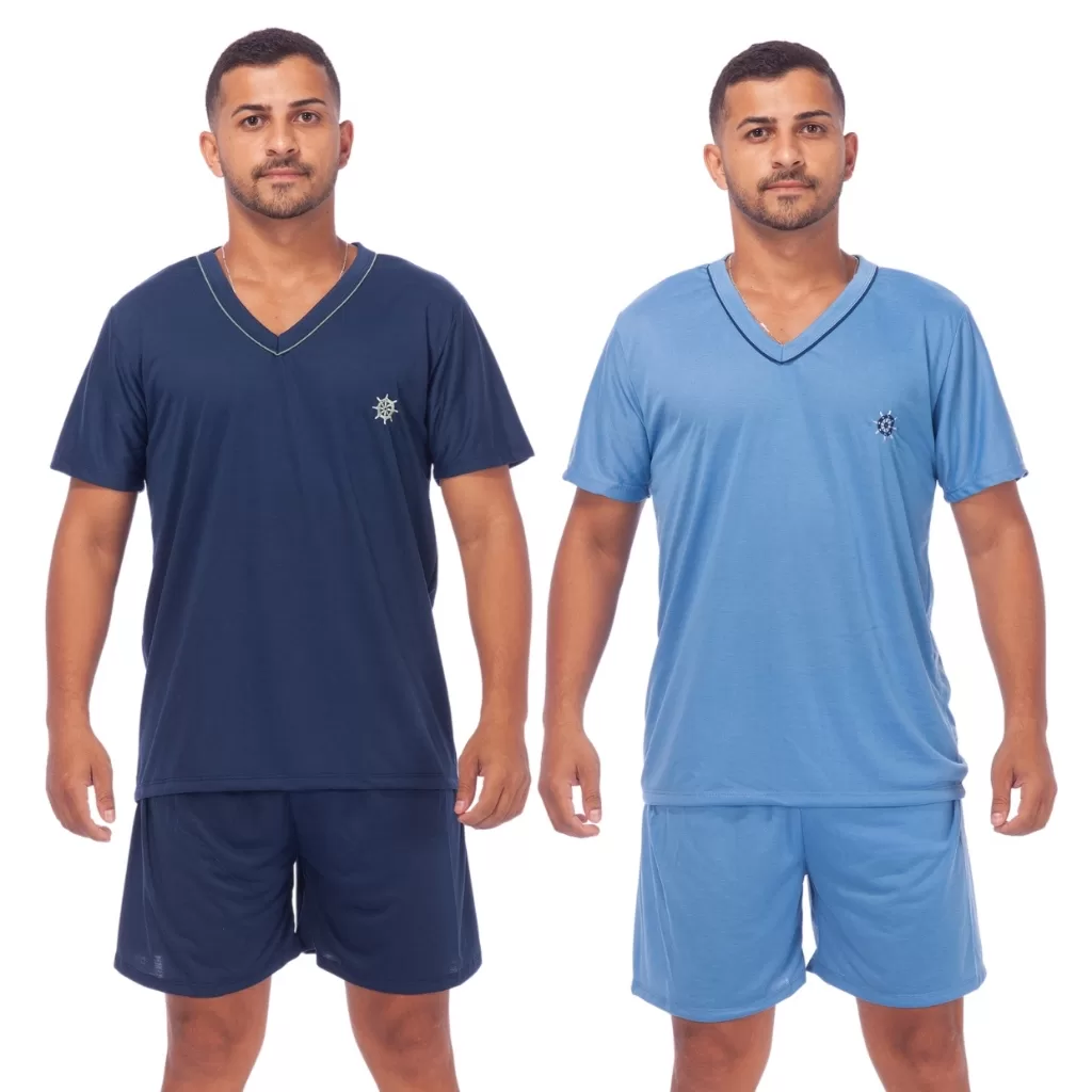 Kit 2 Pijamas Masculino Adulto Blusa Manga Curta e Short Malha Verão Promoção