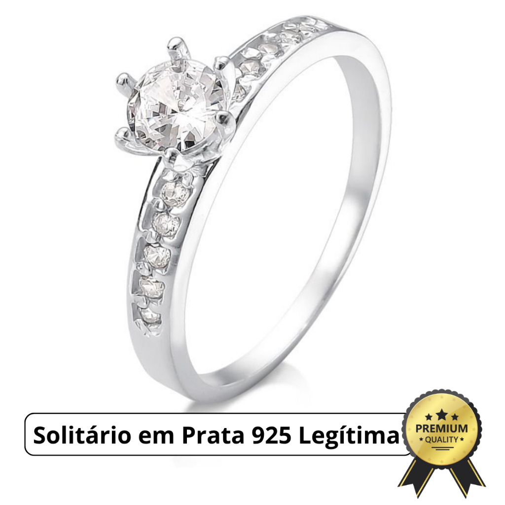 Anel Solitário de Prata 925 Legítima Cravejado com Zircônias Luxo Noivado com Garantia