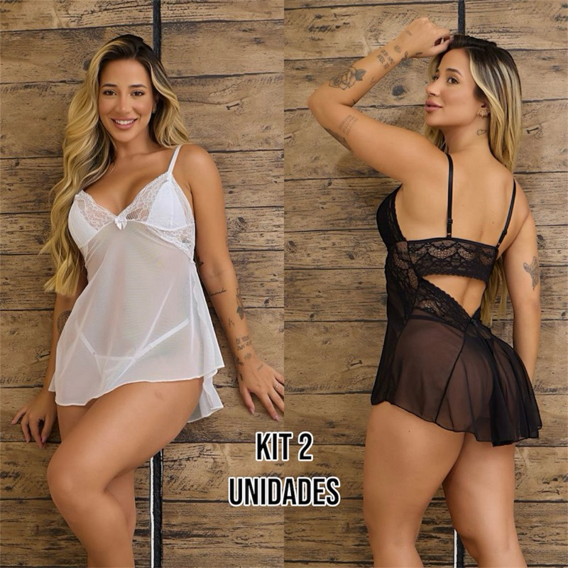 Kit 2 Camisolas sexy de tule com renda sem bojo costa nua sensual pijama roupa de dormi costas abert