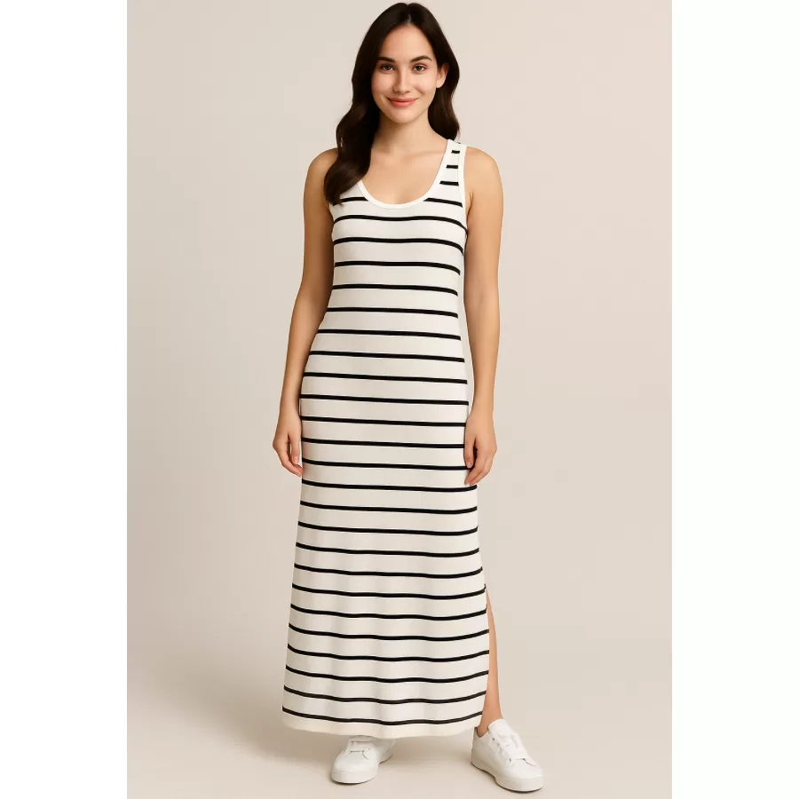 Vestido Malha Viscolaycra Listrado Midi Sem Manga