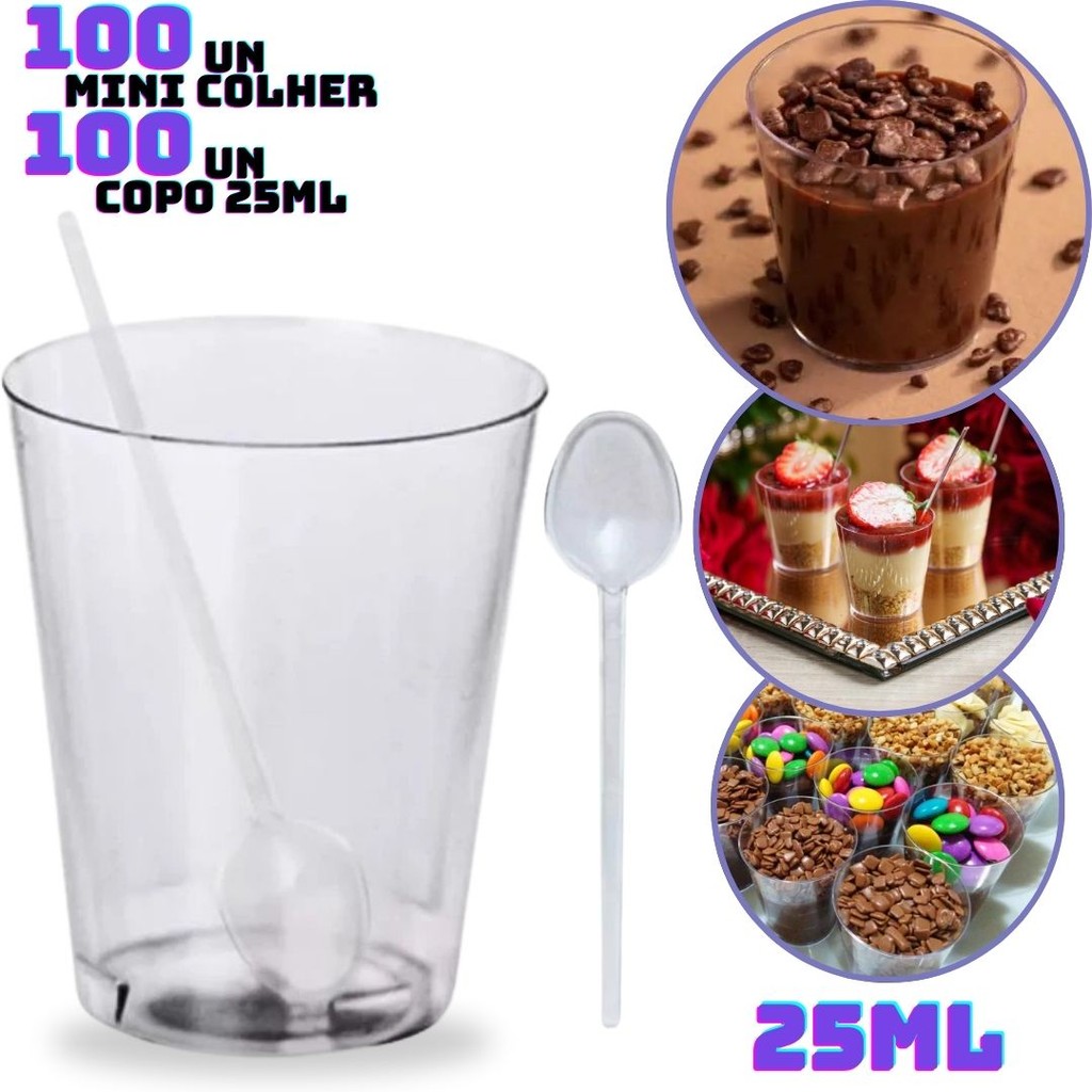 Kit Completo 100 Copo Copinho Potinho Cristal 25ml e 100 Colheres Acrílico Brigadeiro De Colher Doce