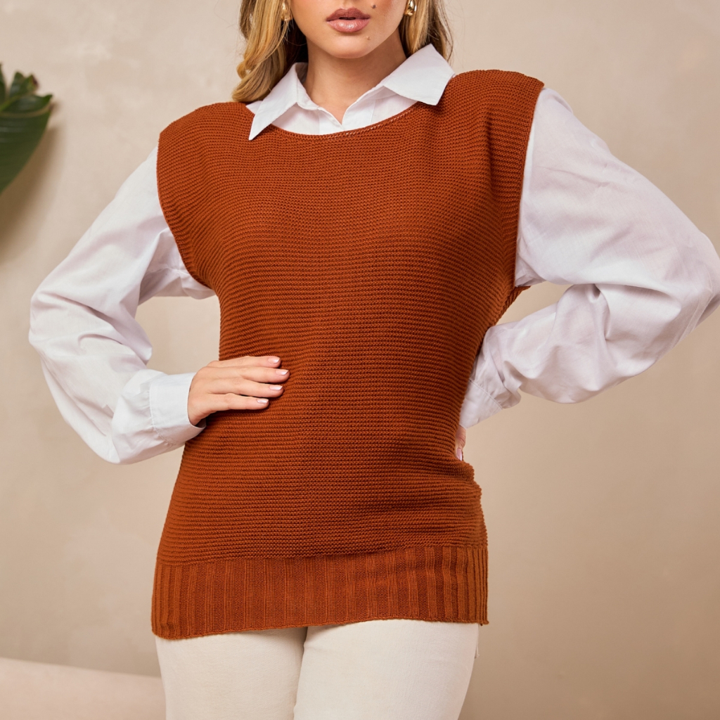 Colete Feminino Tricot Casual Básico Regata Feminina Tricô Gola Canoa Elegante Moda Promoção