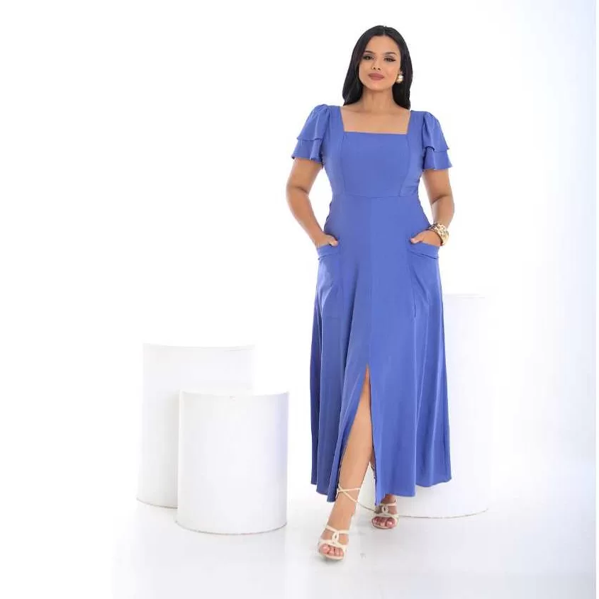 Vestido Femenino Longo Elegante com Fenda na frente Mangas Bufantes Ziper Nas Costas – Moda Feminina