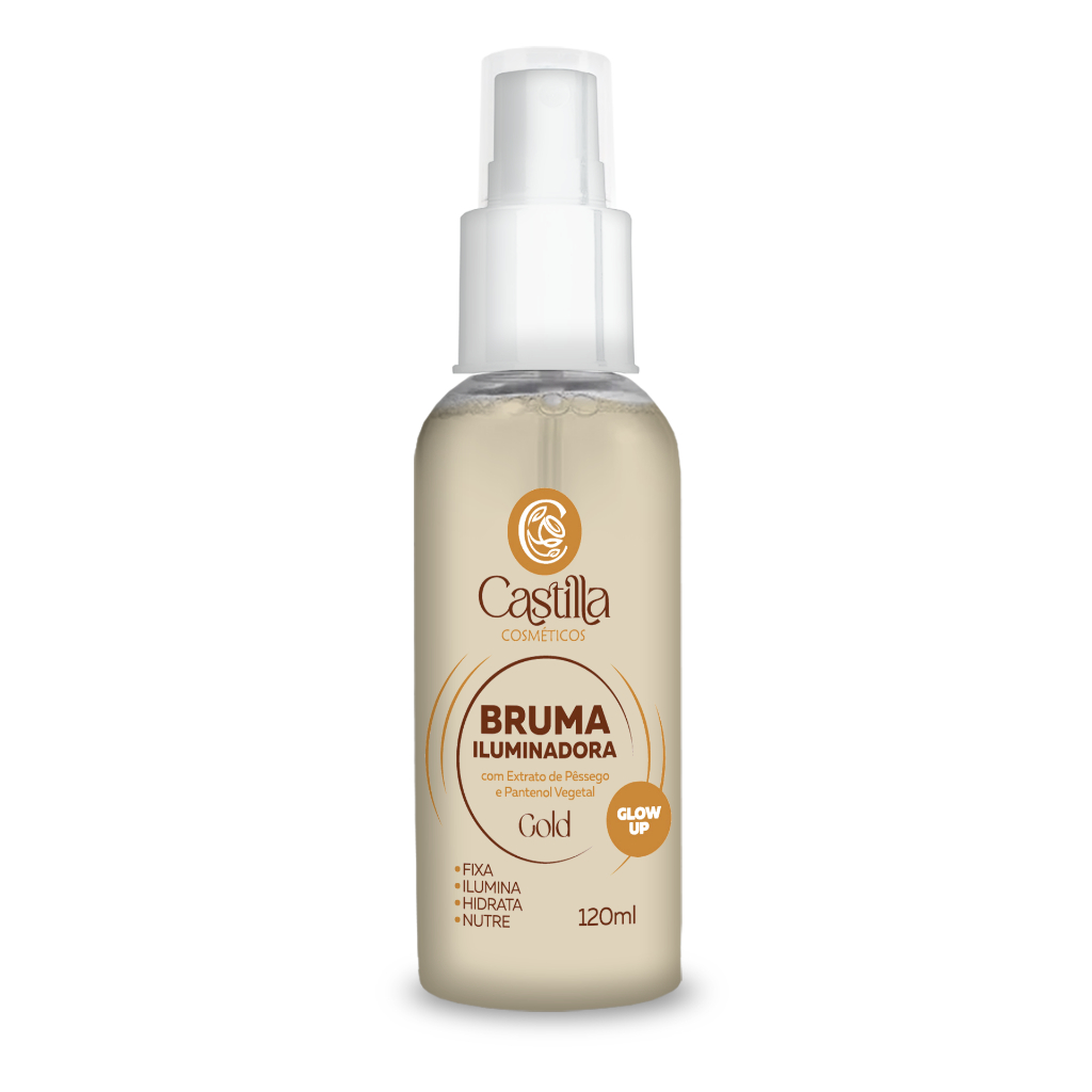 Bruma Iluminadora Gold Castilla 120mL  Fixa, Hidrata e Ilumina com Extrato de Pêssego e Pantenol