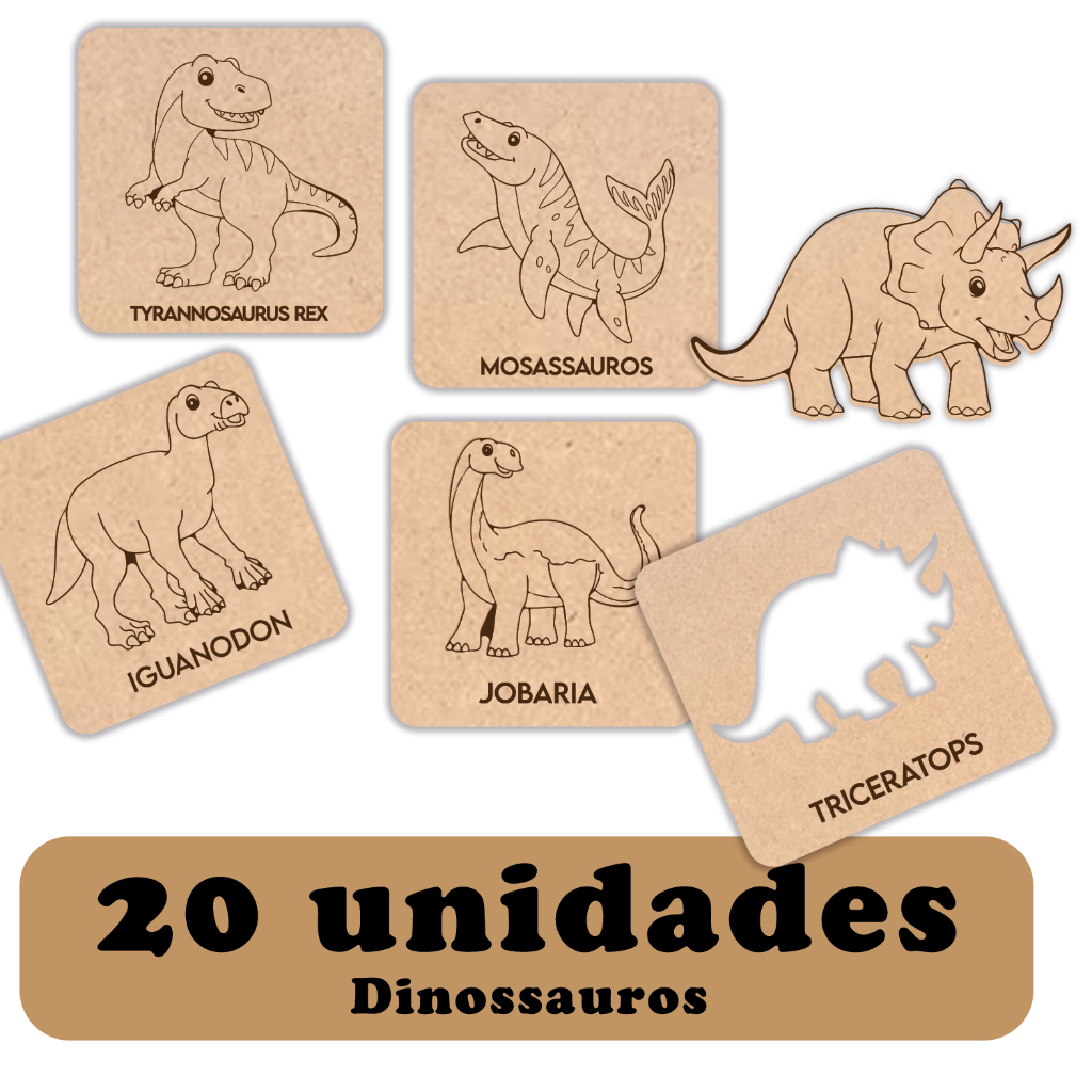Kit 20 de Moldes de Dinossauro em MDF para Crianças Brinquedo Educativo Reutilizável, DIY, Arte e A