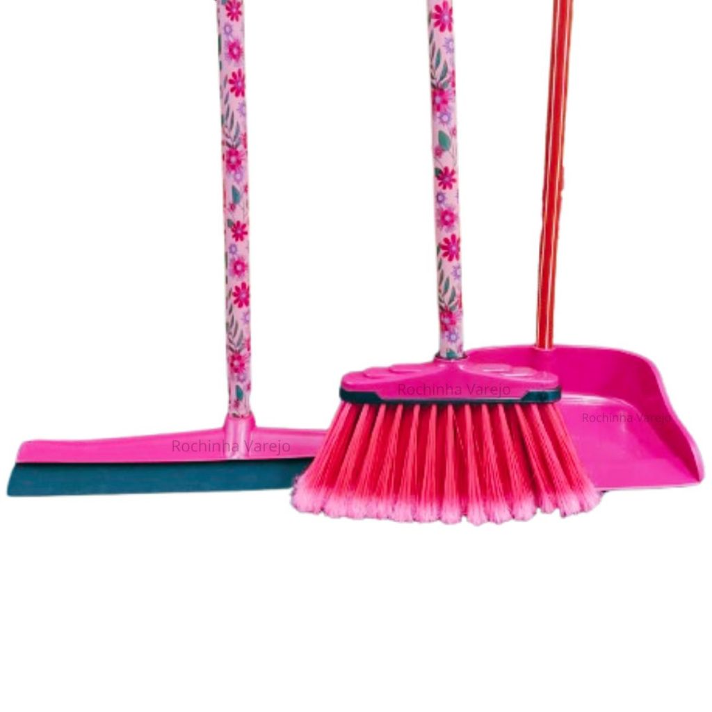 Kit Rosa Barbie Vassoura, Rodo 40 cm Grande Rosa e Pá de Lixo Rosa Com Cabos