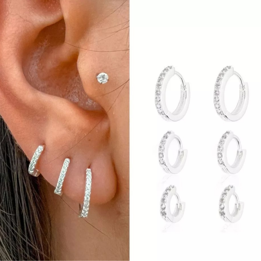 Trio brinco de argola redondo zirconia prata 925