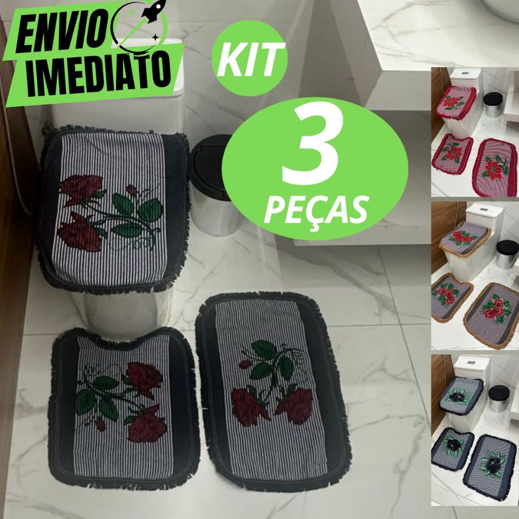 Jogo Tapete Banheiro Algodão Macio Conjunto Completo Decoração Peças Cores Luxo